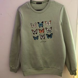 Butterfly Print Drop Shoulder Thermal Pullover
